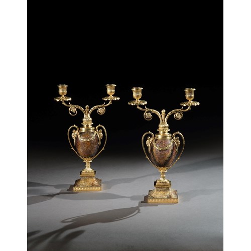 A PAIR OF GEORGE III ORMOLU MOUNTED BLUE JOHN CANDLE VASES BY MATTHEW BOULTON